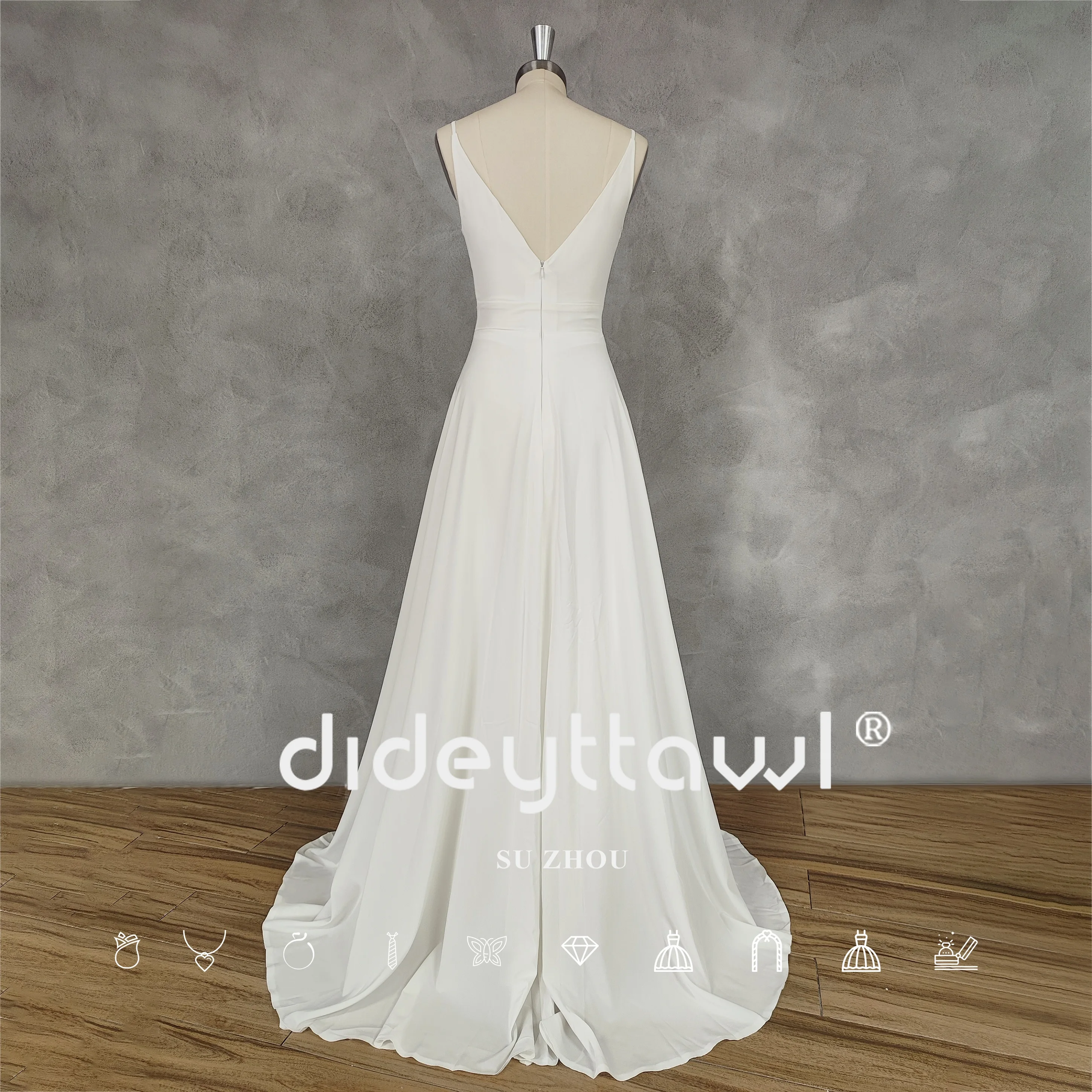 DIDEYTTAWL-V-Neck mangas vestido de casamento Crepe para as Mulheres, recortar, costas abertas, A linha Sweep Train, vestido nupcial, Imagem Real