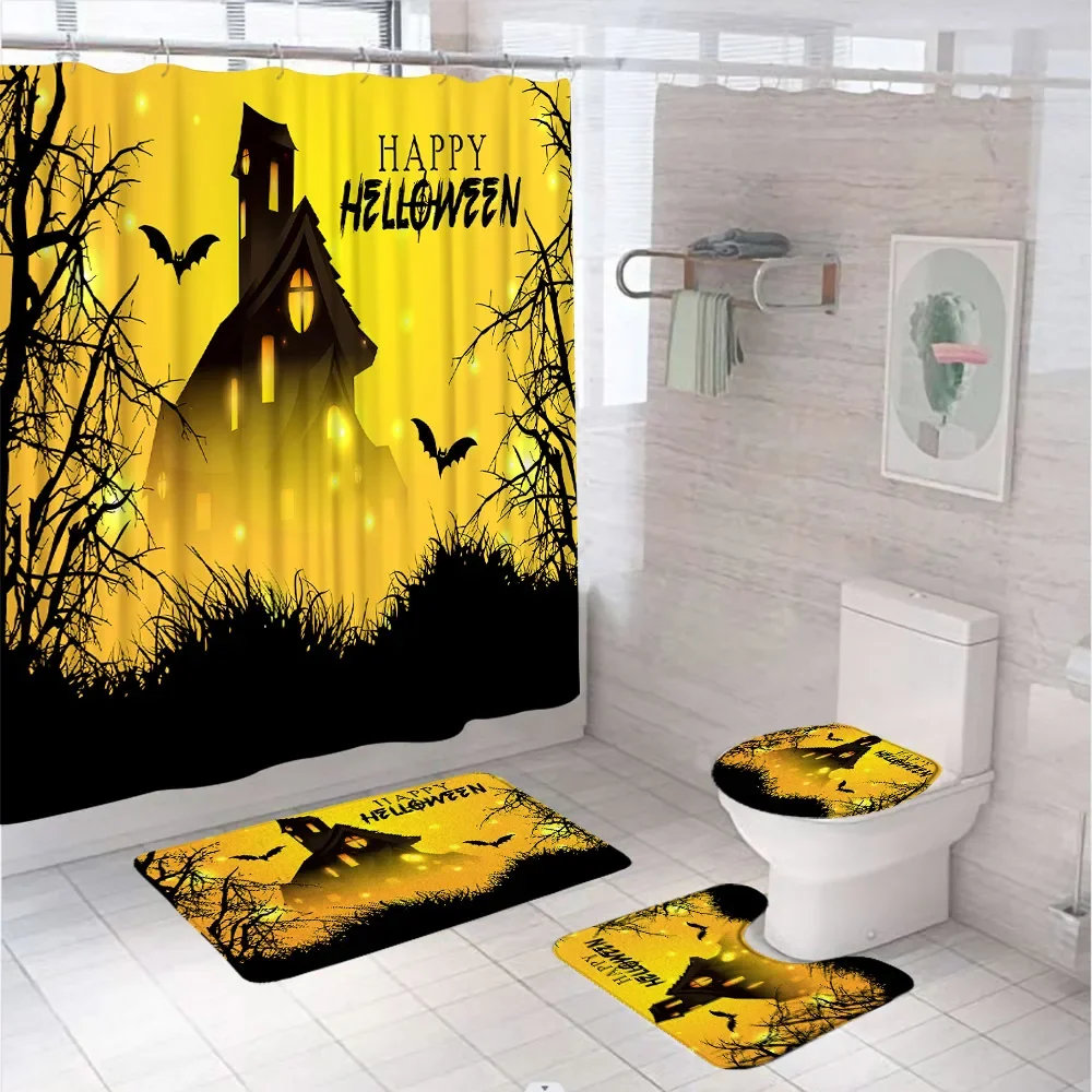 4Pcs Halloween Shower Curtain Set with 12 Hook Moon Night Castle Ghosts Bat Pumpkin Bathroom Curtains Toilet Rug Carpet Bath Mat