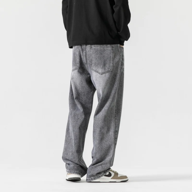 Jeans Longgar Pria Abu-abu Celana Panjang Fashion Vintage Dicuci Pakaian Jalanan Musim Semi Musim Gugur Celana Lebar Lurus Longgar Y2k Ukuran Besar