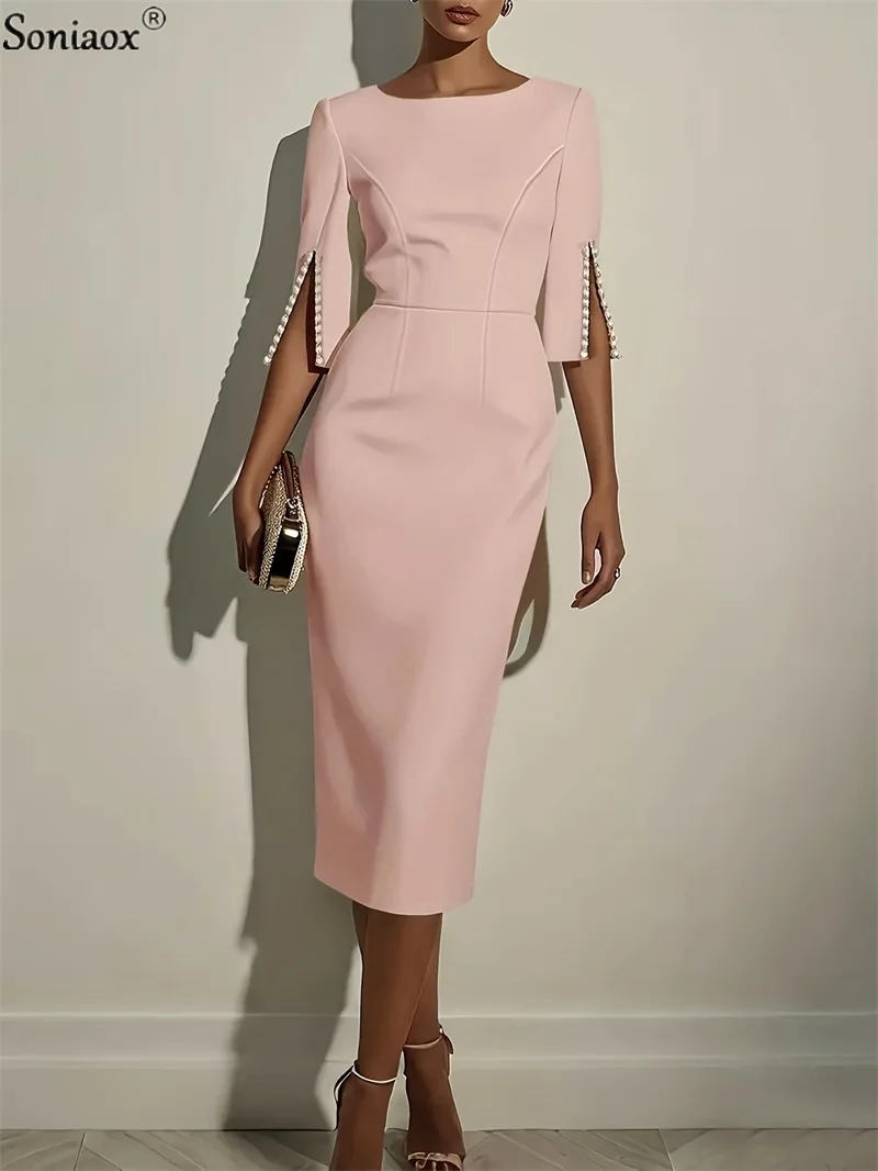 

New Women Fashion Solid Blazers Dress Commuter Office Beading Decoration Party Dress Autumn Lady Elegant O Neck Mini Dress 2025