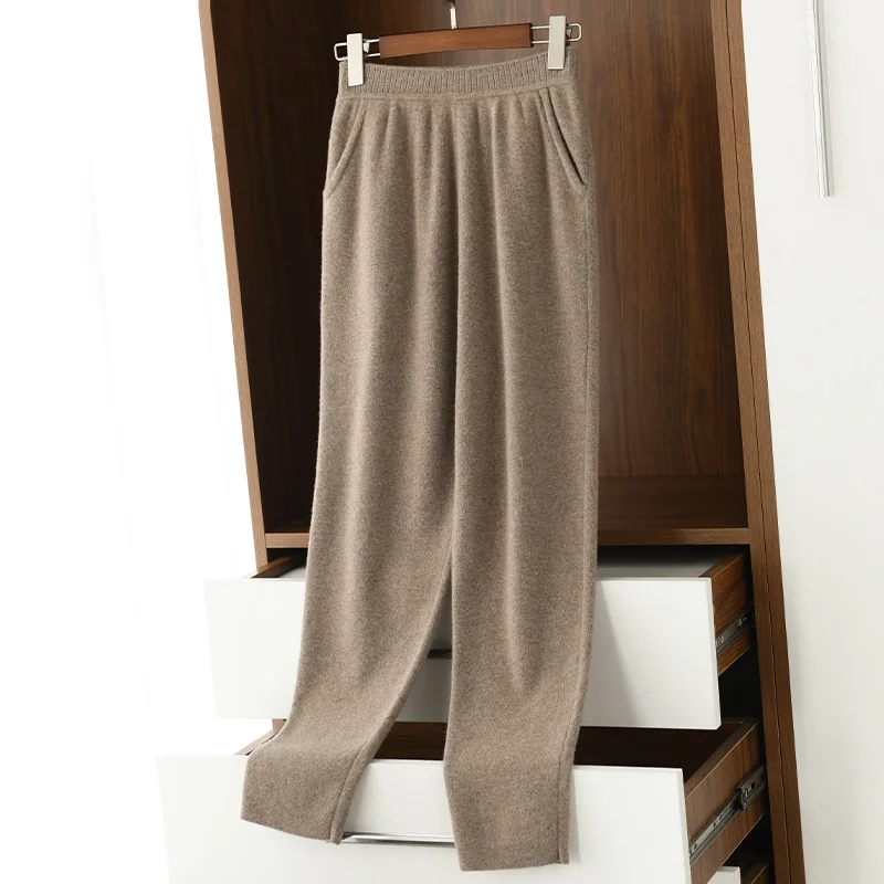 Pantalones de tubo de Cachemira de alta calidad para mujer, pantalones de estilo Simple de cintura alta, 100% lana merina, pantalones de punto para oficina, Otoño e Invierno