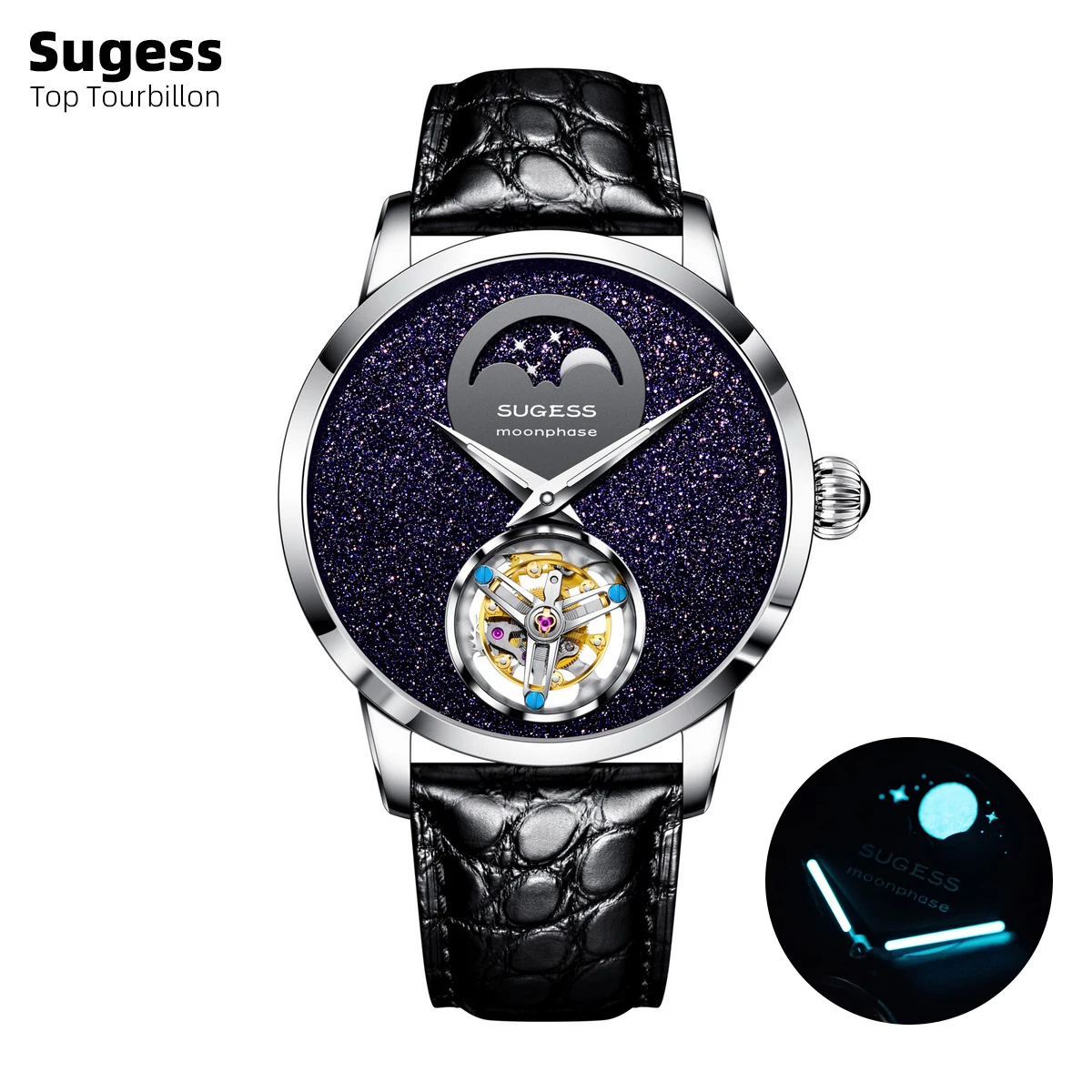 

Sugess Top Tourbillon Mens Watch Tianjin ST8235 Movement Wristwatches Mechanical Moonphase Luxury Watches Crocodile Leather New