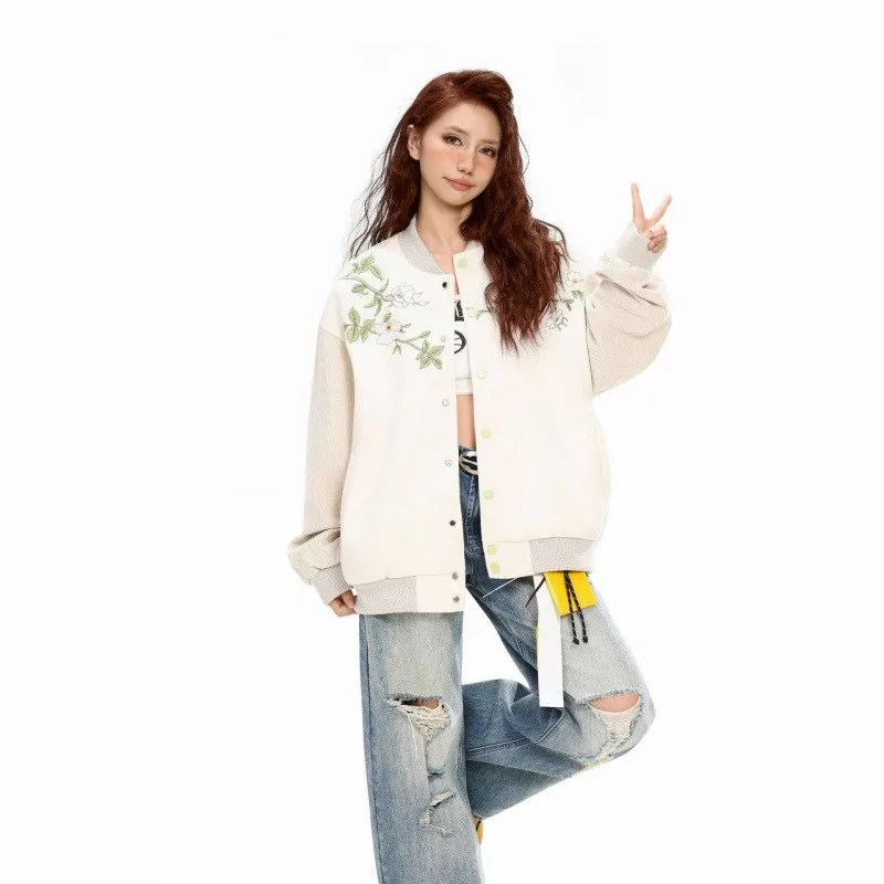 花柄刺繍メネのベースボールジャケット、日本のストリートウェアメンズコート、アジアスタイルのオーバーサイズ女性用ジャケット