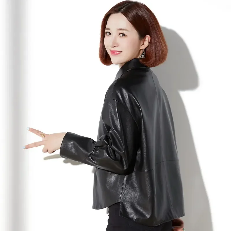 Genuine Leather Jacket Women New High Waist Leather Coat Ladies Short Sheepskin Coat for Women Clothing Slim Motorcycle Jakcets