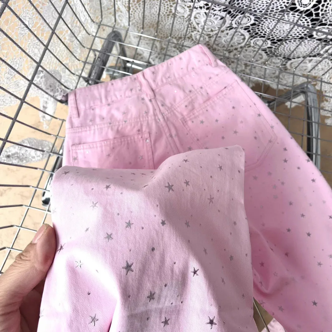 

Chic Pink Star Hot Diamond Denim Wide Leg Pants Summer Women's High Waist Slim Straight Jeans Korean Versatile Cowboy Pants
