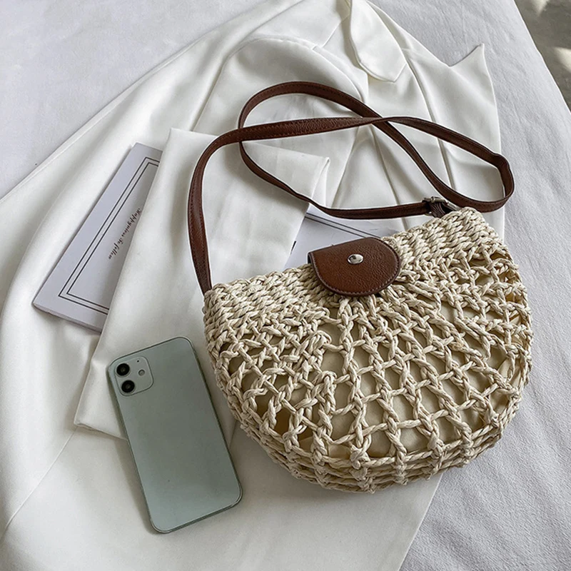 Yogodlns Sommer Stroh Tasche Für Frauen Mode Halbkreis Umhängetaschen Rattan Handgemachte Messenger Handtasche Reise Strand Taschen Tote – Detail 24