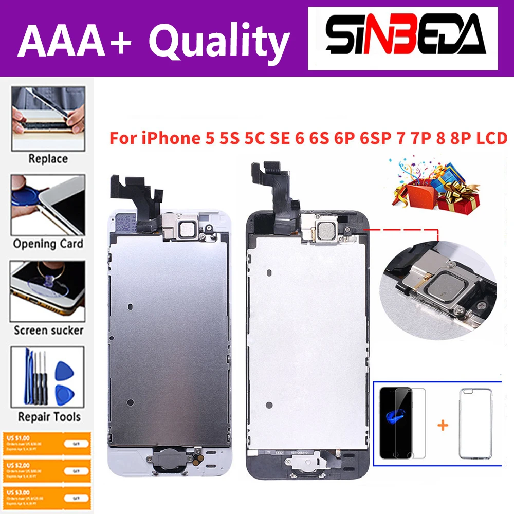 

AAA+ Full Assembly Display For iPhone 5 5C 5S SE 6 6S 7 8 Plus LCD Touch Screen Digitizer Replacement +Home Button Front Camera