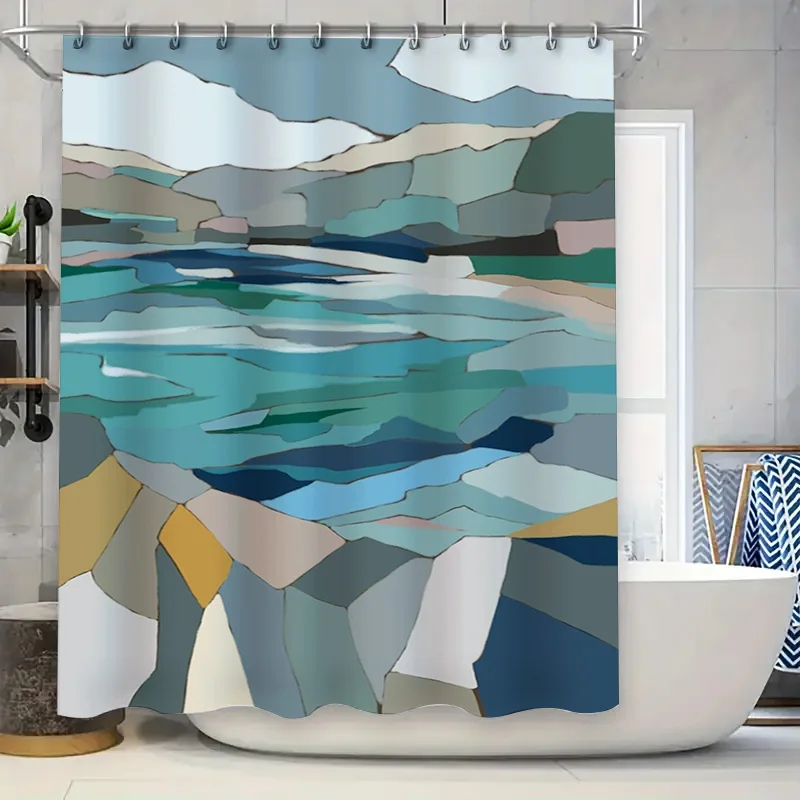 

Занавеска для душа с геометрическим рисунком синего океанаВодонепроницаемый декор для ванны с современным художественным дизайном для украшения интерьера ванной комнаты Белая ванна S