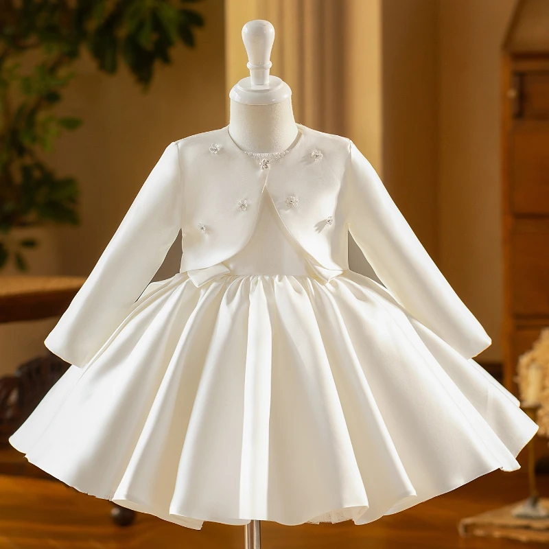 Girls Long Sleeve Flower Girl Birthday Party Gown Kids Pageant Host Piano Recital Performance Formal Children Princess Dress