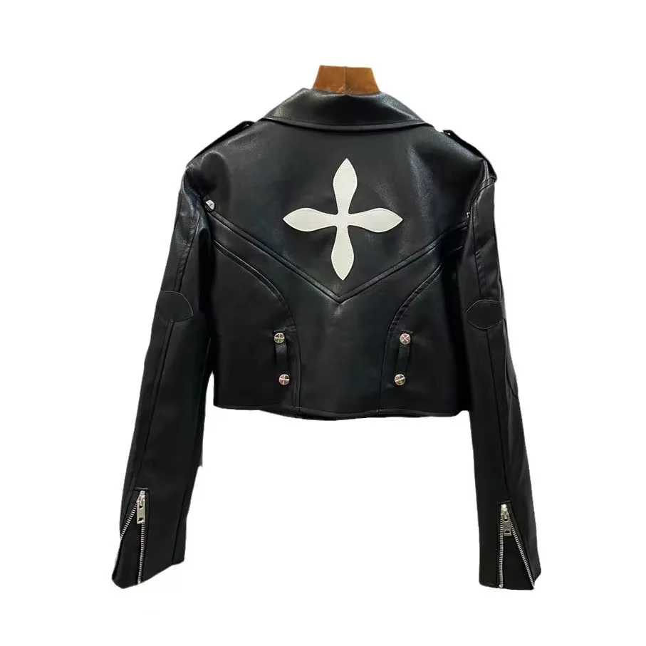 Fashion Cool Women Leather Jacket Cross Printed Bomber Jacket Streetwear Moto PU Outerwear Spring Short Leather Coat