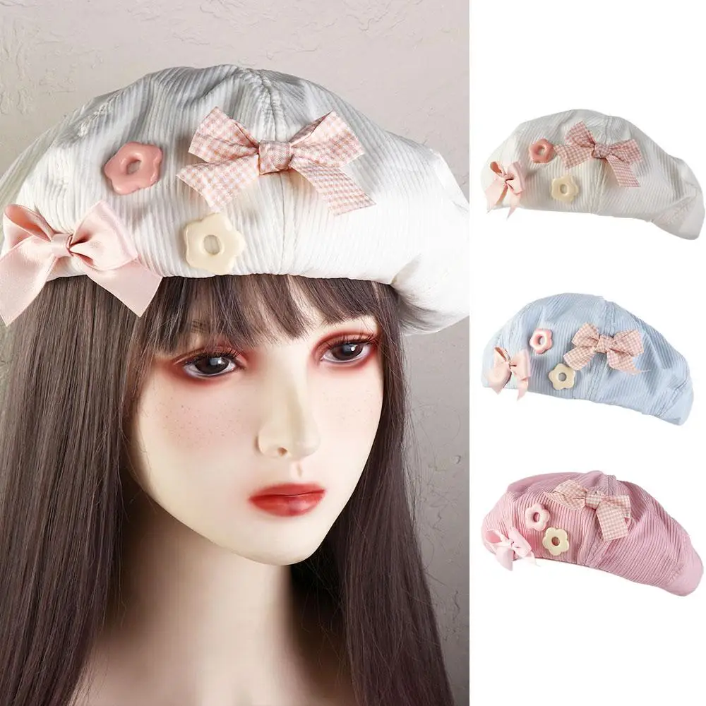 

Cute Solid Color Bow Flower Beret Y2k Cotton Octagonal Cap Japanese College Style Painter Hat Winter