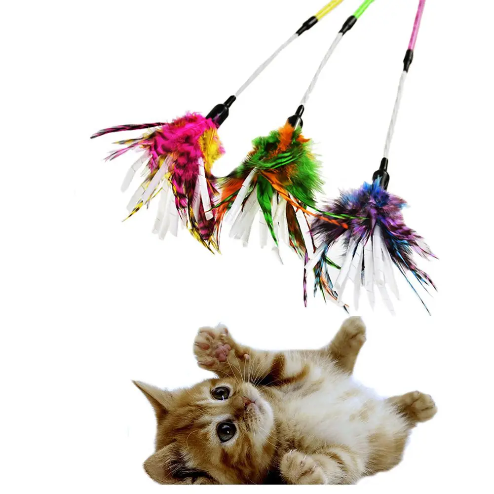 Cat Wand Toy Feather Teaser Stick Cat Toys Interactive Kitten Toy Wand Sticks Chicken Hair for Indoor Cats Playing Exercise