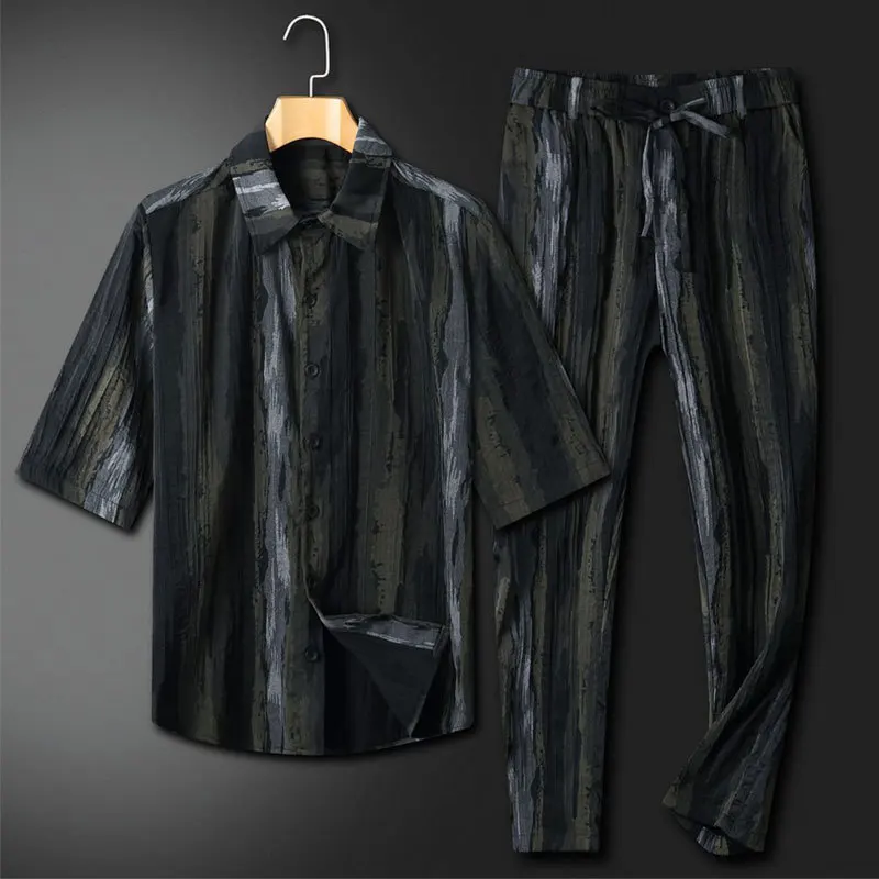 

Luxury Casual Sports Suit Men's Summer New High-end Silky Stripe Shirt Fashion Half-Sleeve Trouser Two-Piece Set