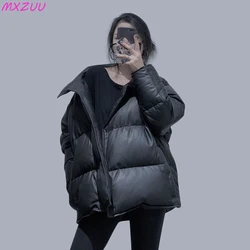 Chaqueta de plumón de cuero genuino negro para mujer, abrigo de plumón de pato blanco 90 de piel de oveja suave, chaqueta de invierno de longitud media con cuello levantado para mujer