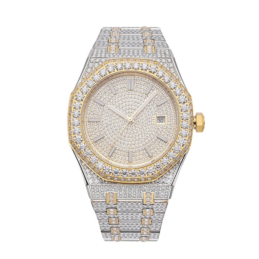 Wholesale Custom Stainless Steel  Iced Out Yellow Gold Diamond Moissanite Bling Gold Watch For Men