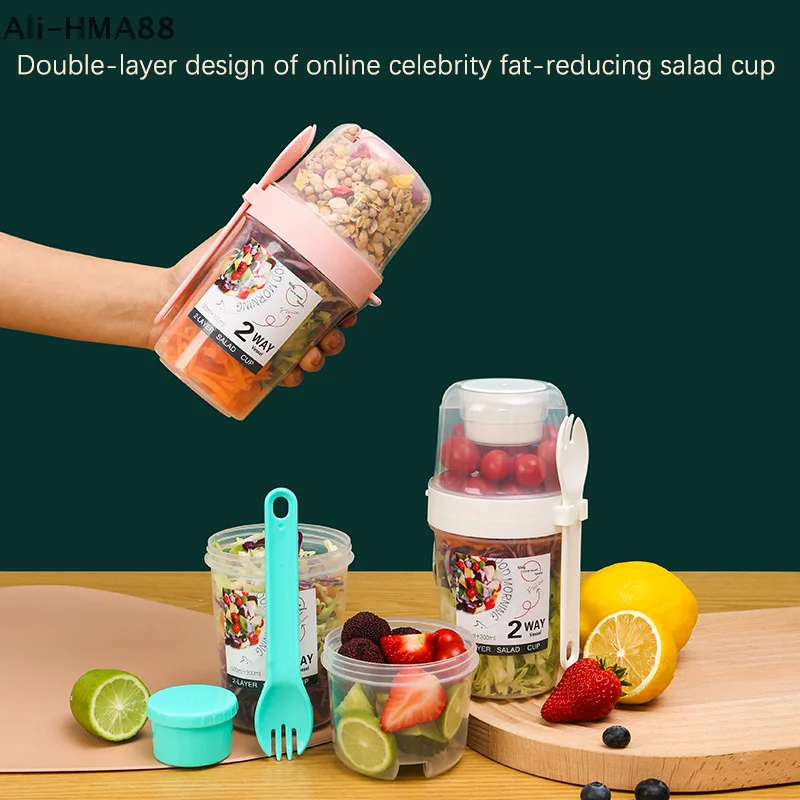 

HMA88-Breakfast Fruit Oat Yogurt Salad Cup With Lid And Spoon Two-layers Food Storage Bento Box Fitness Fat-Reduced Taper Bowl