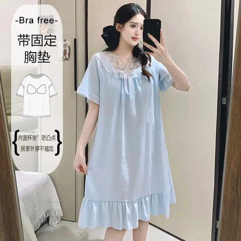 Plus Size Built-in Bra Nightgown Korean Women's  Summer Loose Mid Length Pajamas Dress Lace Ruffle Sweet Home Clothes Sleepwear