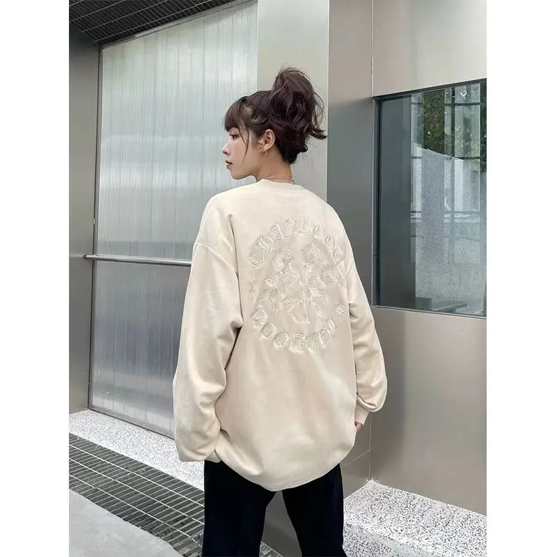 Retro American Suede Loose Large Size 300 Pou Rose Embroidery High Street Trendy Ins Sweatirt for Men And Women