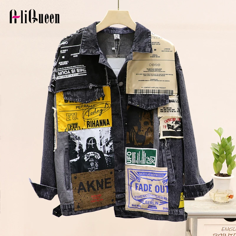 

Harajuku Streetwear Black Appliques Denim Jacket Women Hip Hop Patchwork Female Jeans Coat 2023 Casual Loose Cowboy Outwear