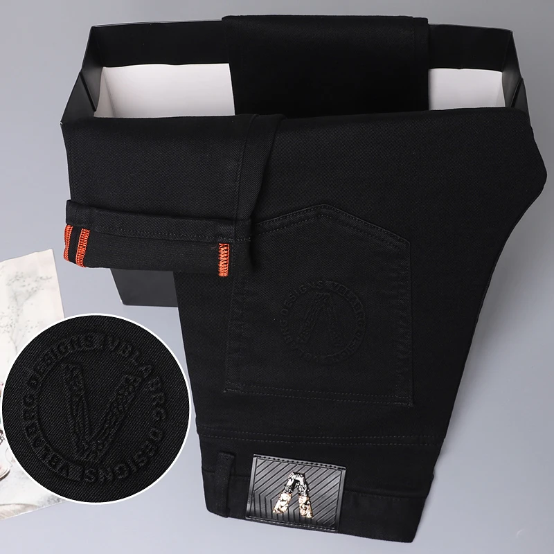 Pantalones vaqueros informales de negocios de alta gama para hombres, pantalones elásticos rectos delgados para jóvenes, pantalones simples de moda, negro, Otoño, nuevo, 2024