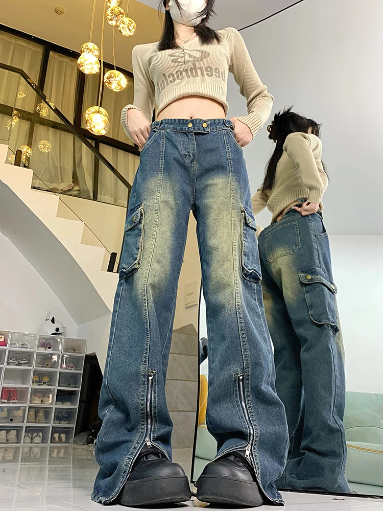 

WCFCX STUDIO Y2K Streetwear Washed Blue Baggy Cargo Jeans Pants For Women Clothing Multi Pockets Old Wide Leg Trousers