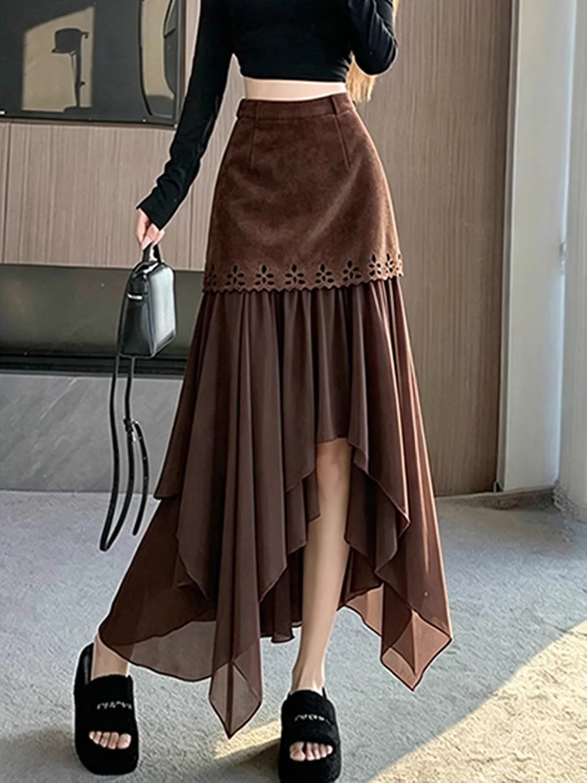 Designer Suede Patchwork Mesh Asymmetric A-Line Maxi Skirts For Women, Autumn Winter, Petite Flattering, Chic & Elegant Skirt