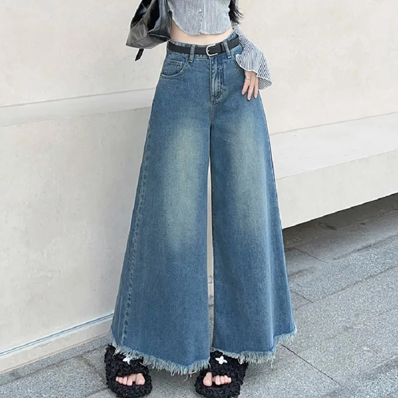 

CHIC Women's American Vintage Washed Wide Leg Jeans Street Casual Blue Denim Trousers Female High Waist Straight Pants