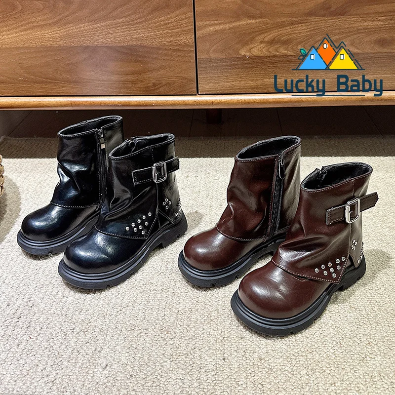 Girls Vintage Pleated Short Boots, Sparkle Ornament & Buckle, Side Zip Closure, Anti Slip Sole for Kids Daily Walking Outing