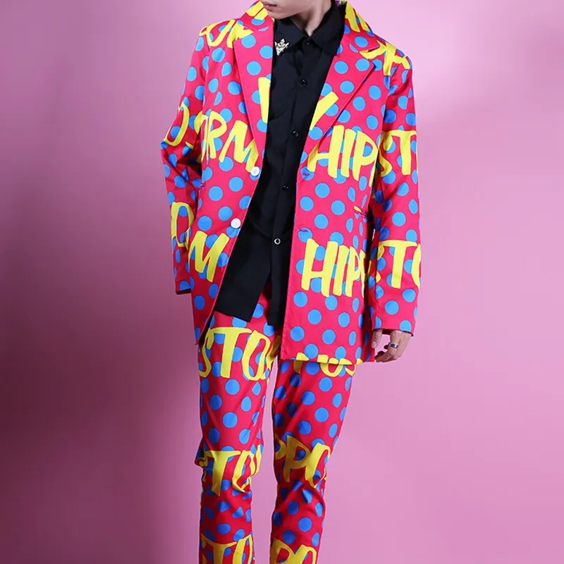 Korean Style Trendy Men Pink Letter Pattern Loose Blazers Suit Bar Nightclub Male Singer Concert Stage Suits Rap Hip Hop Costume