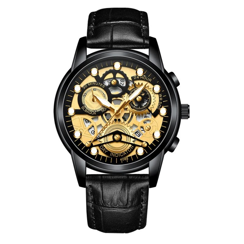 

Men's 42mm Sports Watch Mineral Glass Dial Quartz Sports Leather Strap Butterfly Buckle 30M Waterproof
