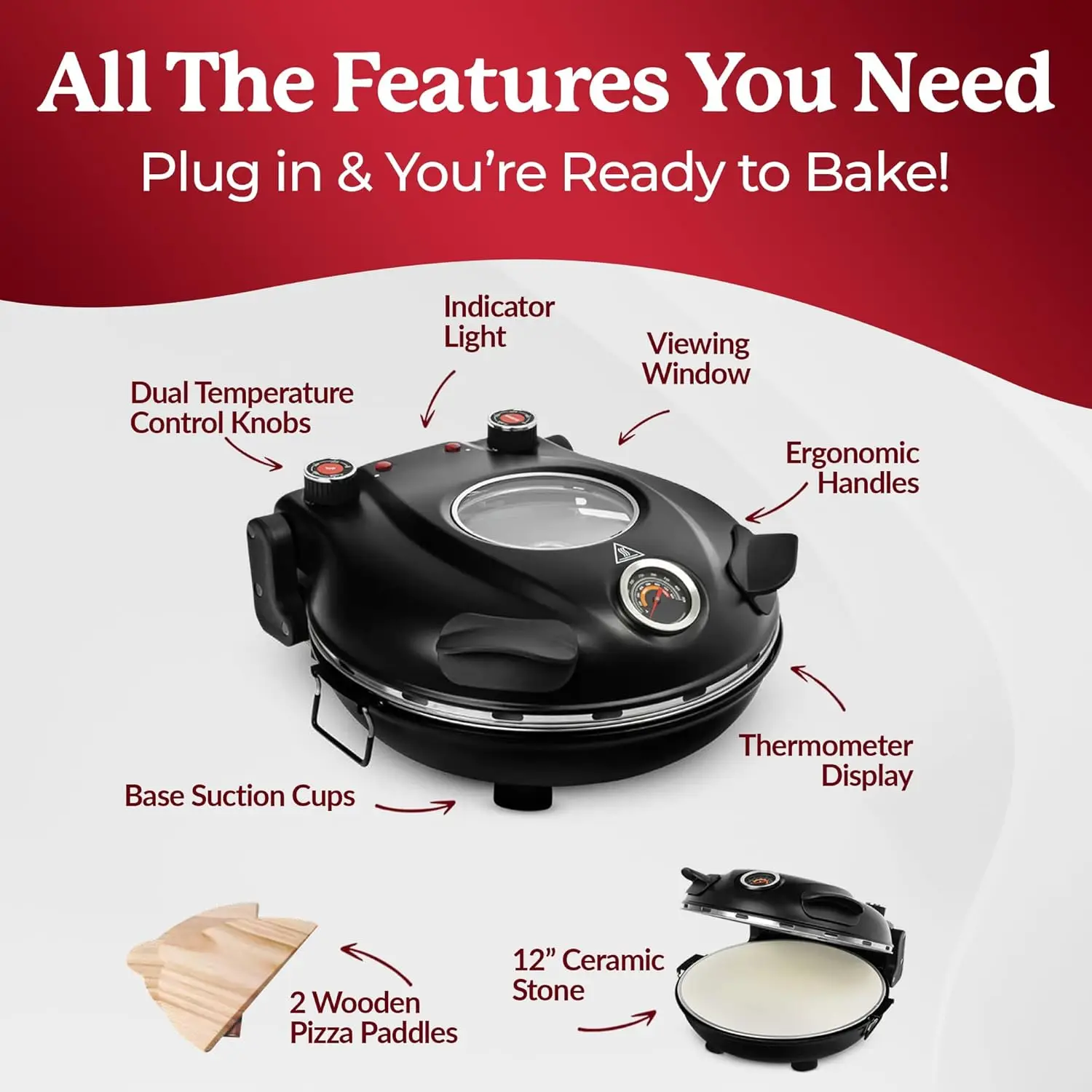 12-Inch Electric Pizza Oven with Ceramic Stone - Dual Heating, Independent Temp Control, 420°C for Crispy Crust at Home