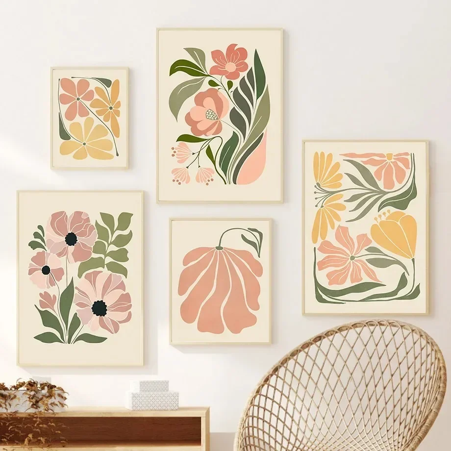 Daisy Follows Where Peony Leads – Flower Market Leaves Abstract Nordic Frameless Canvas Poster for Bedroom Vintage Wall Decor