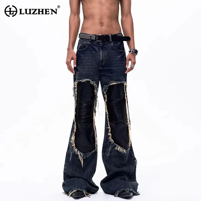 

LUZHEN 2026 New Original Personalized Patchwork Leather Design Patched Wide Leg Jeans Men Fashion High Street Denim Pants JY6432