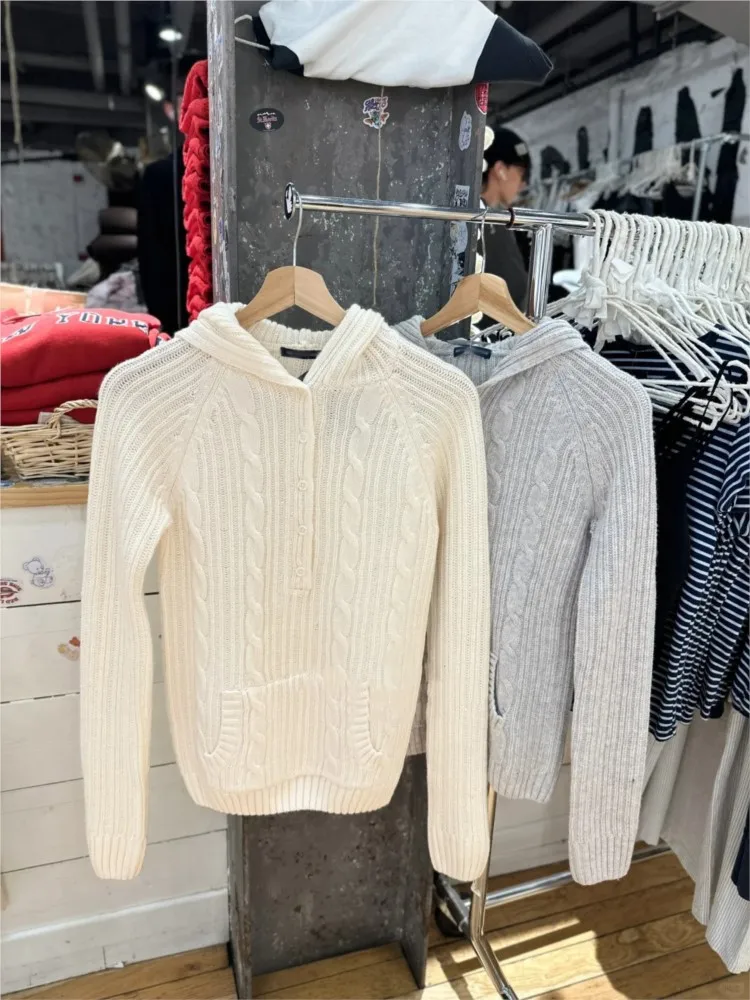 

Twist Flower Beige Buttons Slim Sweater Women Autumn Pocket Hooded Long Sleeve Knitted Hoodie Sweet Preppy Style Simple Sweaters