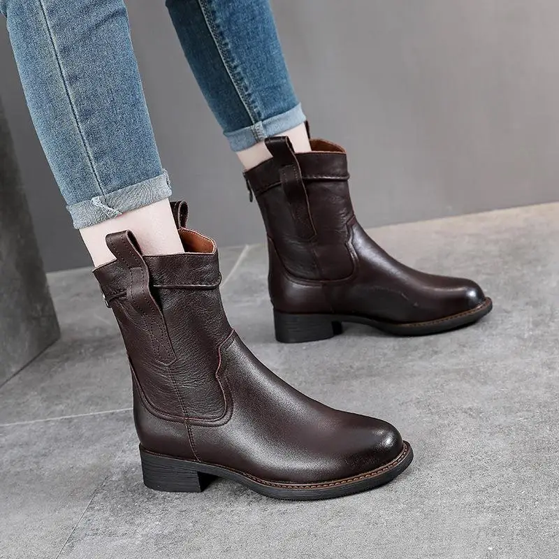 

Casual Fashion Boots Waterproof Rubber Outsole Thick Heel Genuine Leather Autumn Winter Short Boots for Women