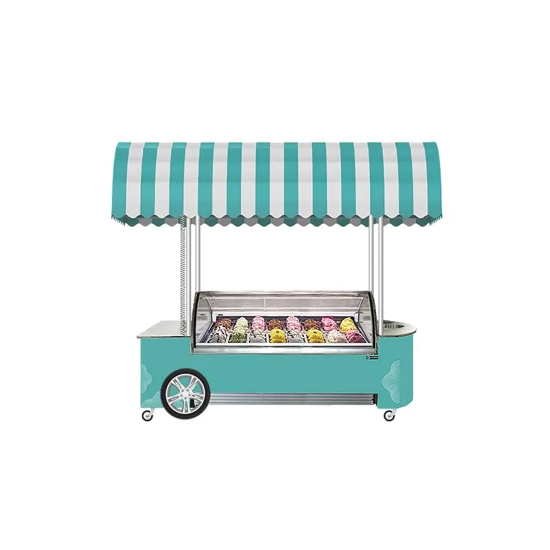 Stainless Steel Rolling Refrigerated Gelato Ice Cream Popsicle Travel Push Cooler Trolley Cover Push Cart Supported Wholesale