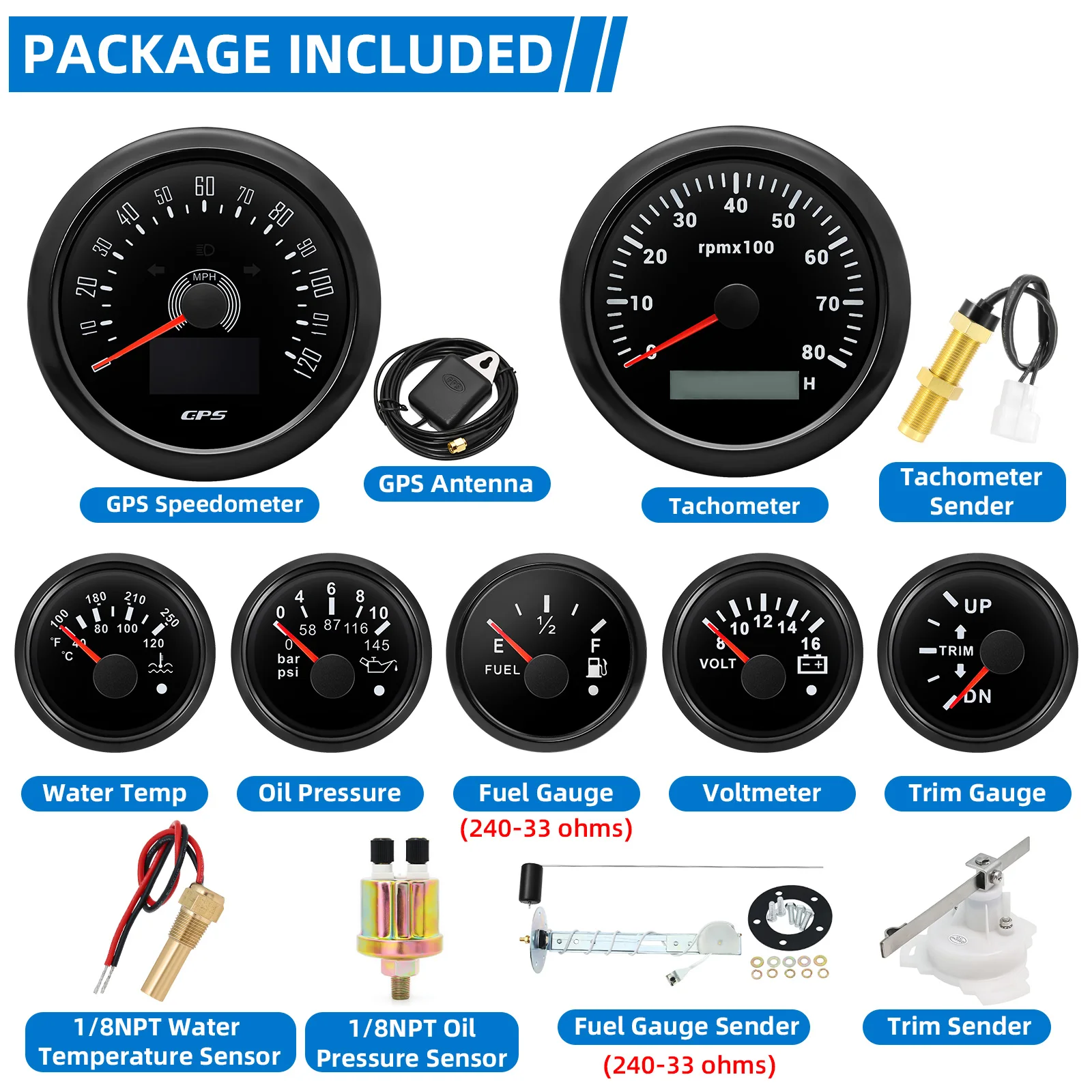 7-meters set digitale GPS snelheidsmeter toerenteller watertemperatuur oliedruk brandstofmeter voltmeter trimmeter voor marine boot auto