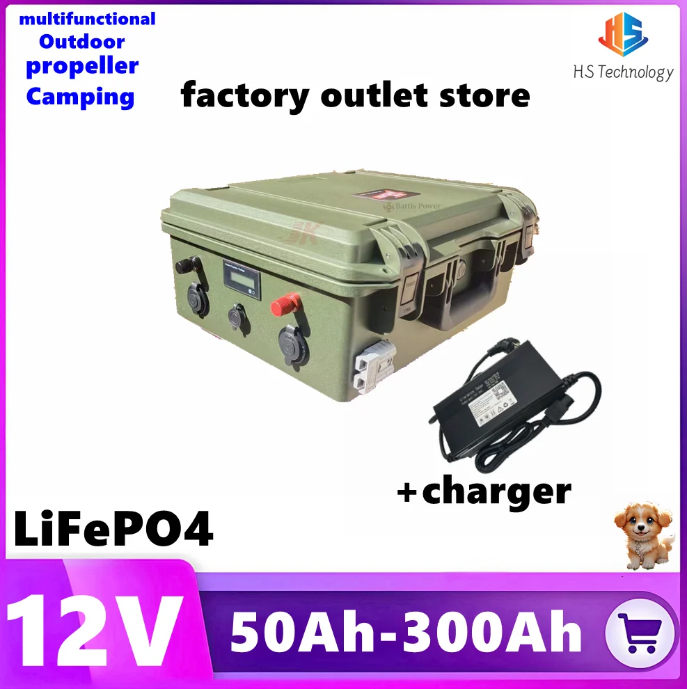 

12V 50Ah 80AH 100AH 120Ah 150Ah 200AH 250Ah 300Ah LiFePO4 Battery for Outdoor RV, EVpropeller trolling motor engine+Charger