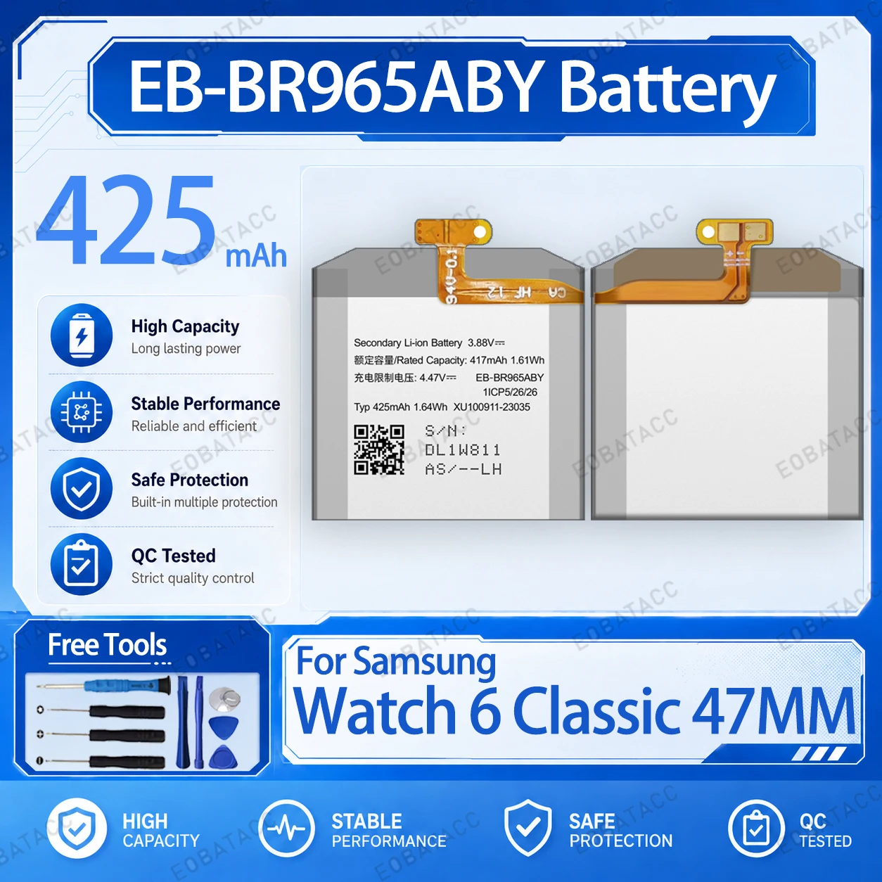 Brandneuer 425mAh EB-BR965ABY Akku für Samsung Watch 6 Classic 47MM Reparatur-Werkzeugset