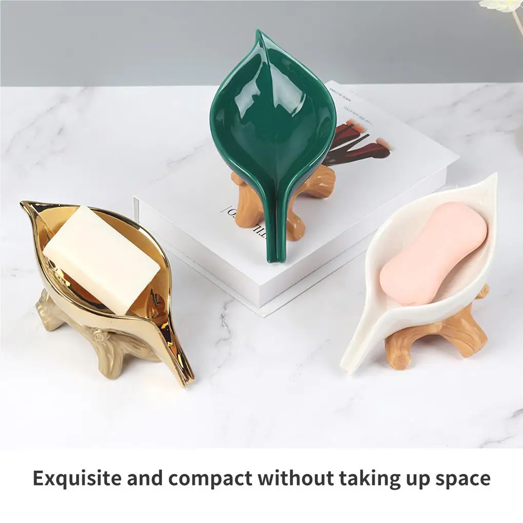 Leaf-Shaped Shower Soap Dish Self Draining Soap Organizer Ceramic Soap Holder Waterproof Soap Case Stable for Washroom Kitchen