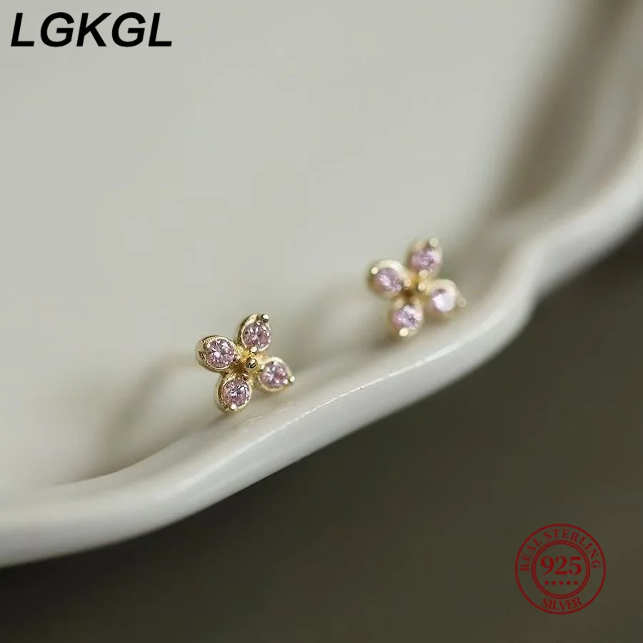 

LGKGL S925 Sterling Silver 14K Gold Plated Mini Four-leaf Clover Earrings Women Sparkling Zircon Embedded Elegant Ear Jewelry