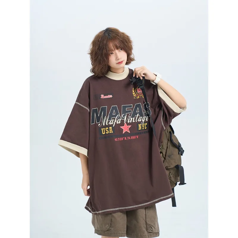 

Быстросохнущая женская футболка с буквами в американском стиле ретро, летняя, свободного кроя, универсальная для пар, топ контрастного цвета.