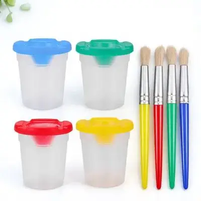 

4Pcs No Spill Paint Cups 4 Painting Brushes Kids Art Set Transparent Body Lids Durable Easy Washable Art Painting