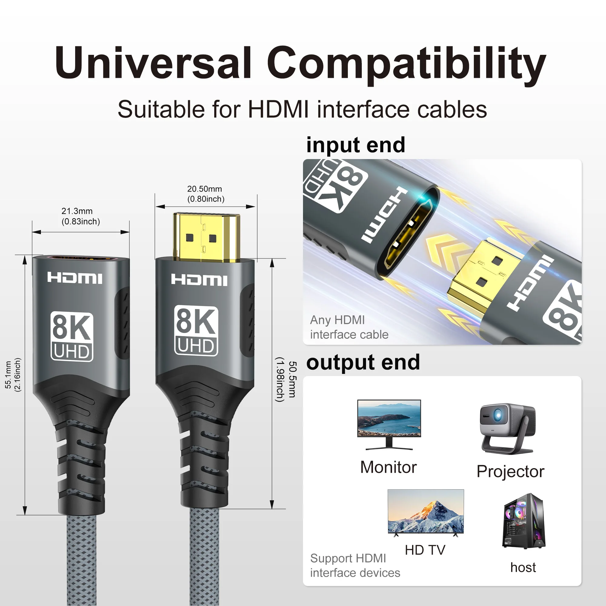 كابل تمديد HDMI 2.1 8K@60 هرتز ثنائي الاتجاه 48 جيجابت في الثانية يدعم 4K@120 هرتز HDR ديناميكي متوافق مع تلفزيون Roku/PS5/HDTV/Blu-ray