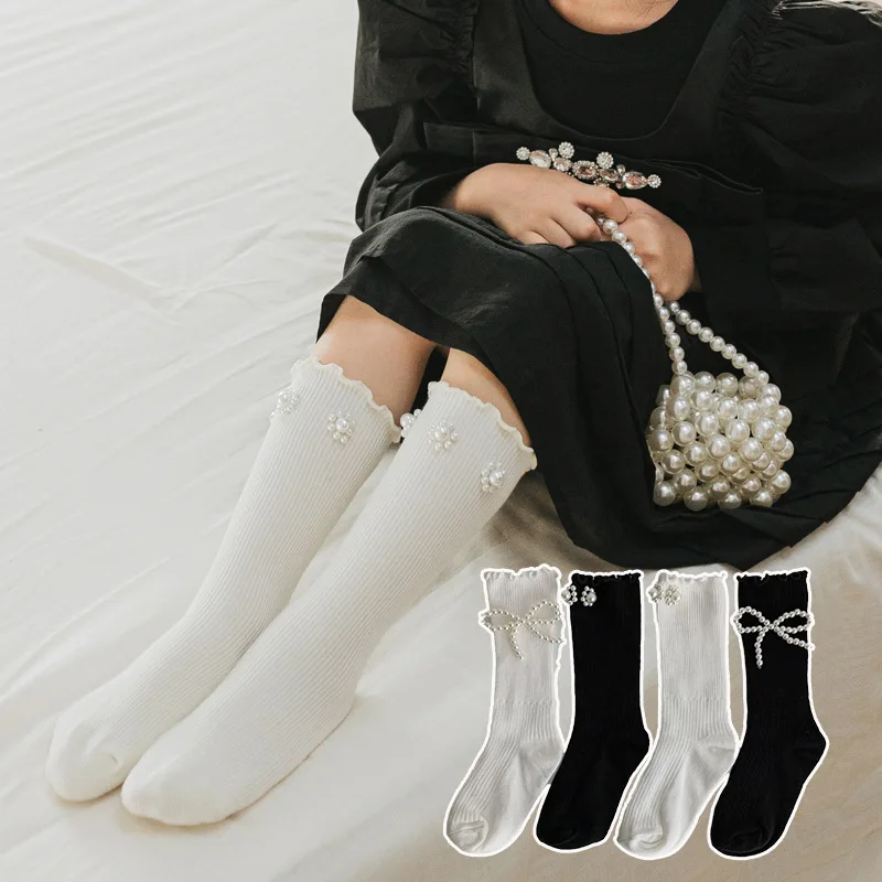 

Cute Japanese Pearl White Black Knee High Long Socks for Baby Girls Children Spring Autumn with Ruffles Princess Lolita Stocking