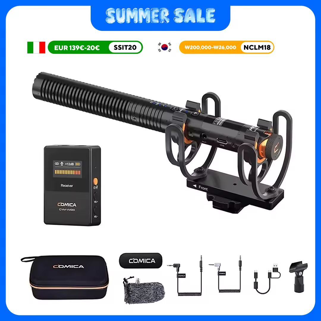 COMICA VM30 2.4G מיקרופון קונדנסר סופר-קרדיואידי אלחוטי מסוג Shotgun עם בקרת עוצמה למצלמה, סמארטפון, מחשב