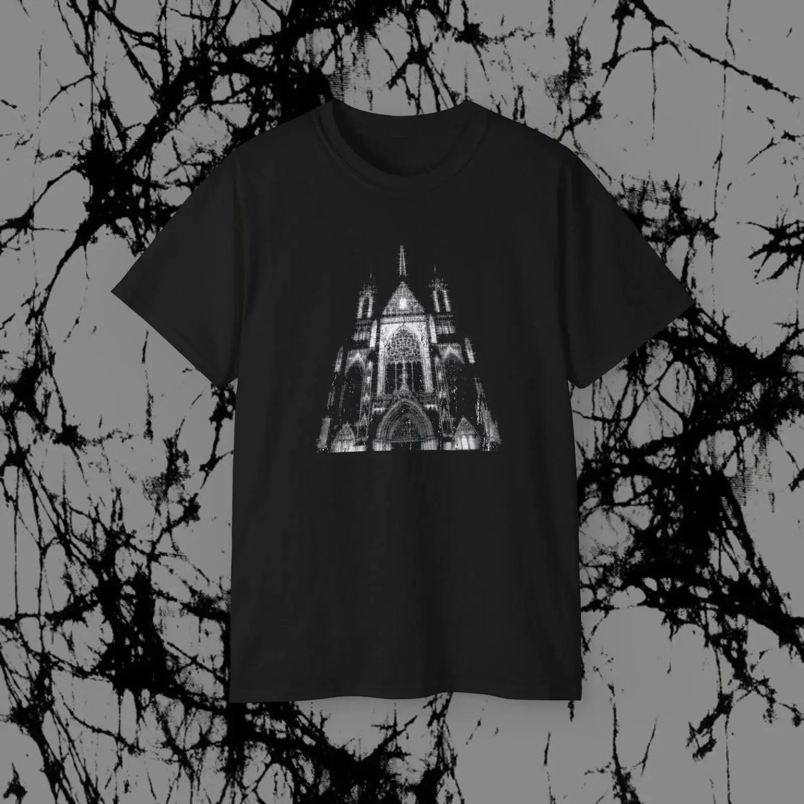 Gothic Cathedral Illustration T Shirt Nighttime Church Architecture vintage Washed fashion Versatile graphic