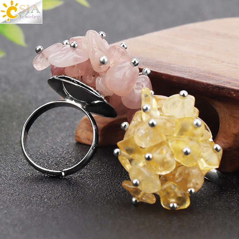 CSJA Natural Stone Ring for Women Reiki Pink Fluorite Quartz Chip Bead Handmade Flower Finger Rings Jewelry H321