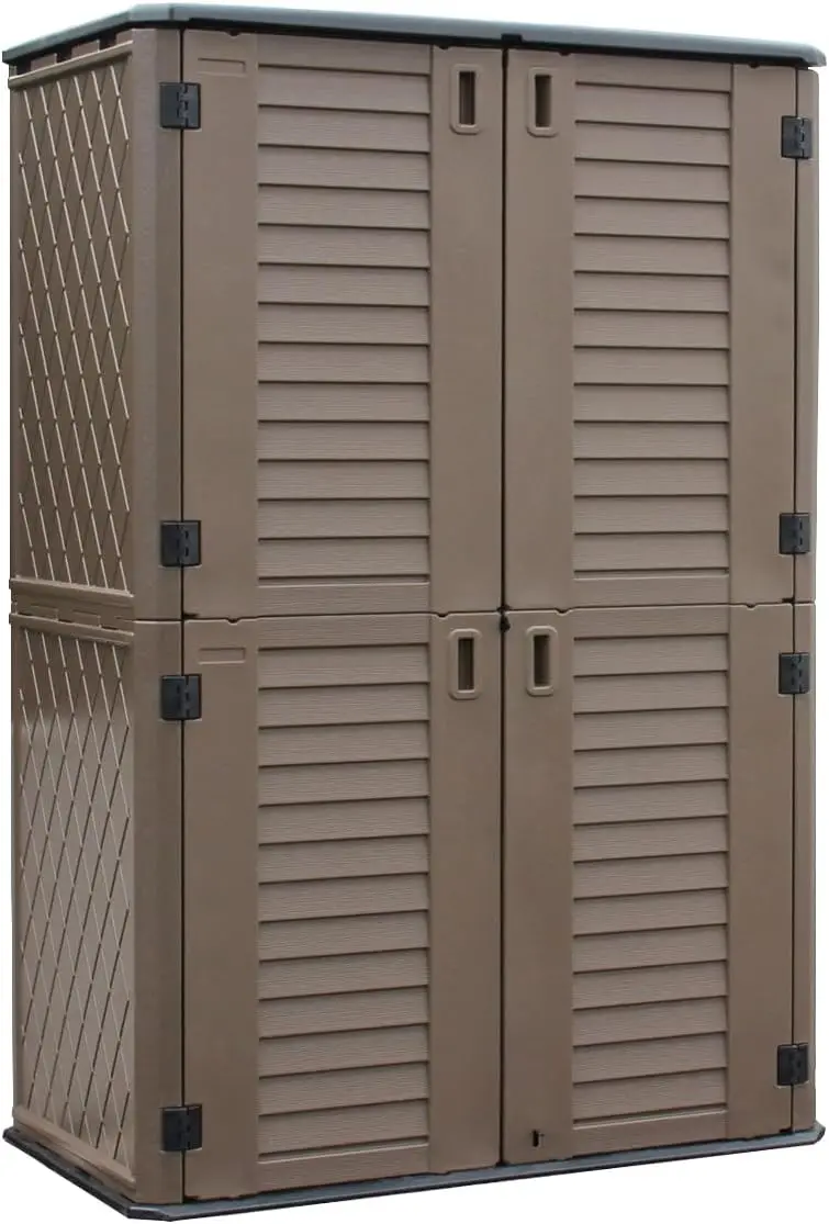 

НОВЫЙ навес для хранения на открытом воздухе, водонепроницаемый, вертикальный уличный шкаф для хранения из смолы для мебели для патио, (66 куб. футов, темно-коричневый)