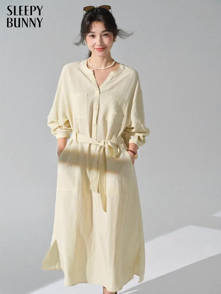 

Elegant Casual V Neck Shirt Dress Long Sleeve Belted Waist Midi Maxi Dress Loose Fit Solid Color Office Lady Outfit Summer Women